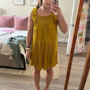 Free People Mustard Yellow Ruffle-Sleeve Smocked Mini Dress